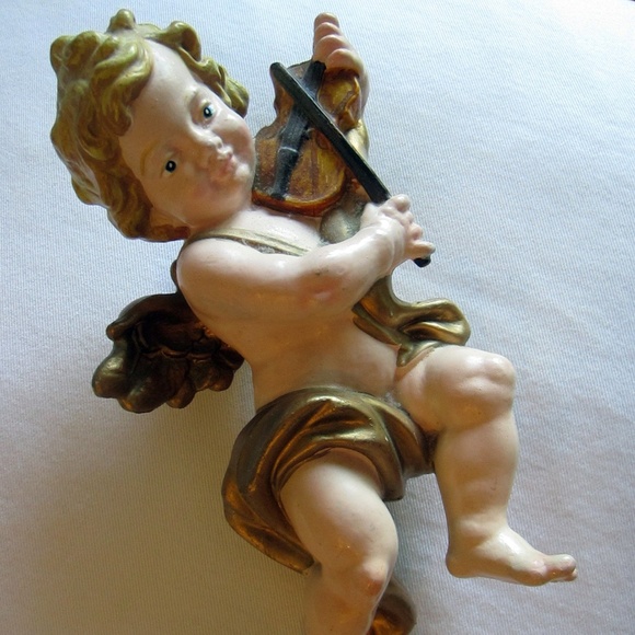Italian Angel Hand Painted Blue Eyes Gold Winged Sculpture
